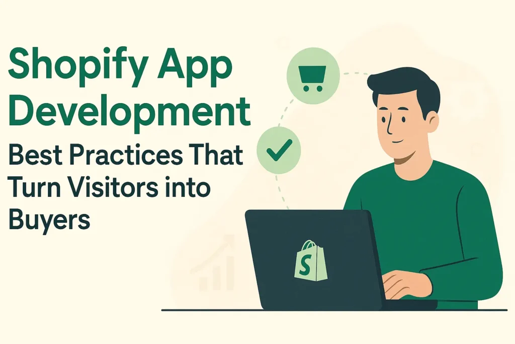 Illustration of a developer building a Shopify app on a laptop with conversion icons like cart, checkmark, and growth chart around the screen.